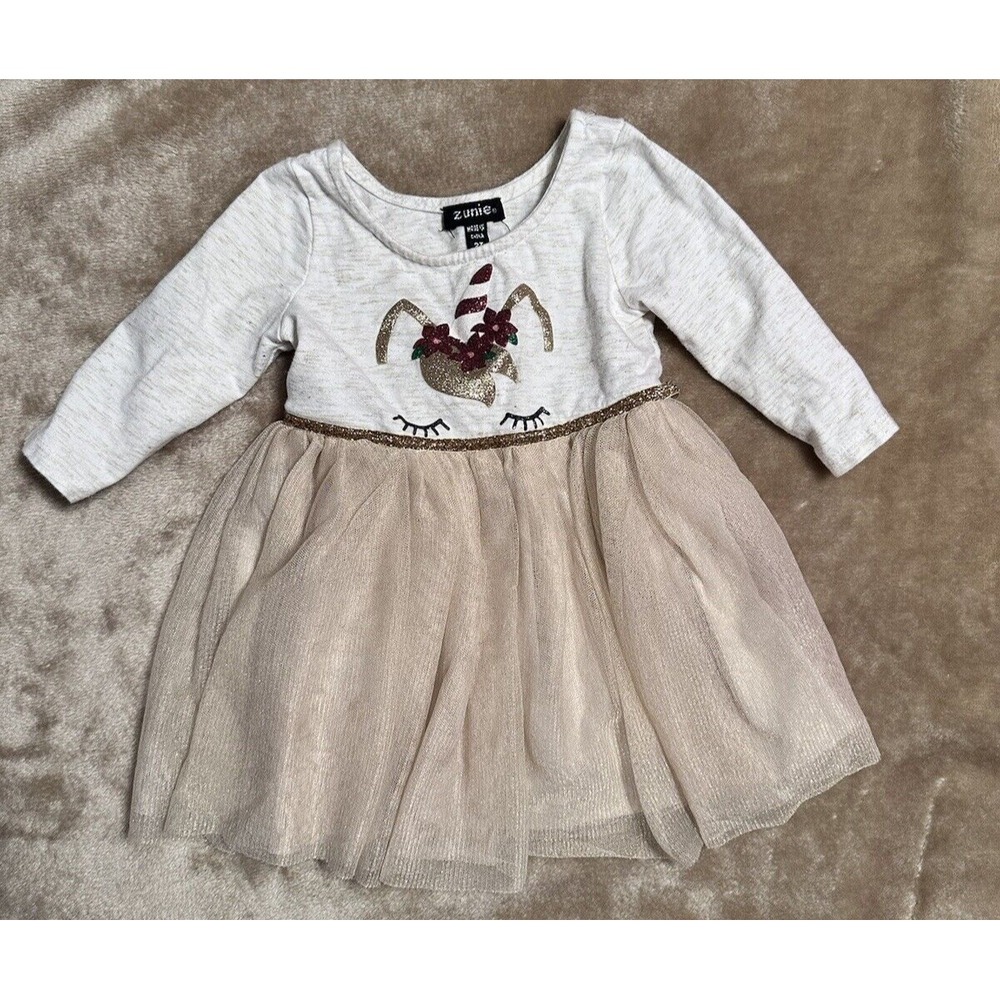 Zunie Dress Size 2T Unicorn‎ Tulle Sparkle Long Sleeve Gold Tan